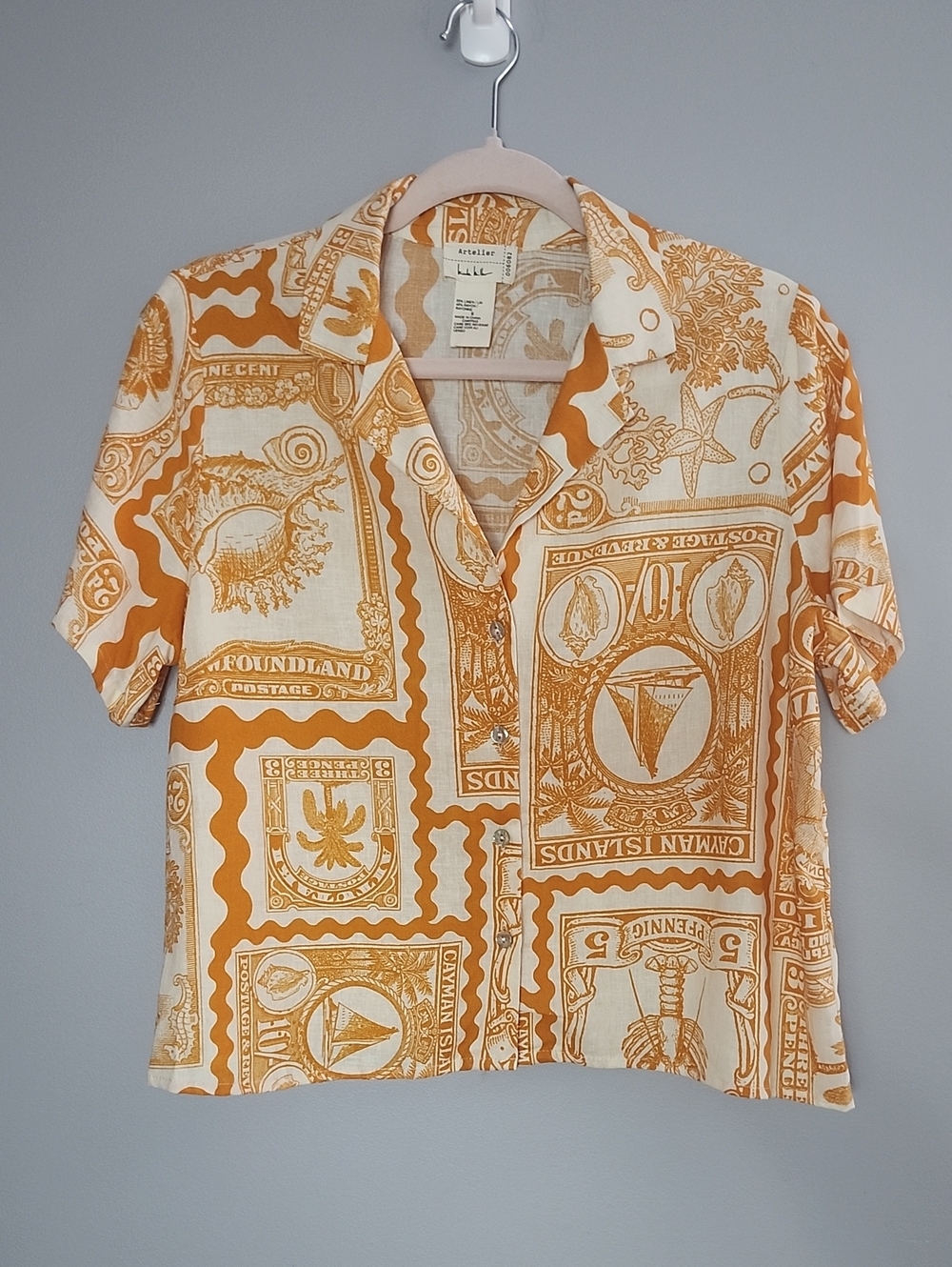 NWOT ARTELIER NICOLE MILLER linen blend short sleeve cropped button down shirt